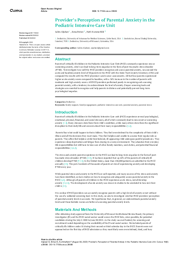 (PDF) Provider’s Perception of Parental Anxiety in the Pediatric ...