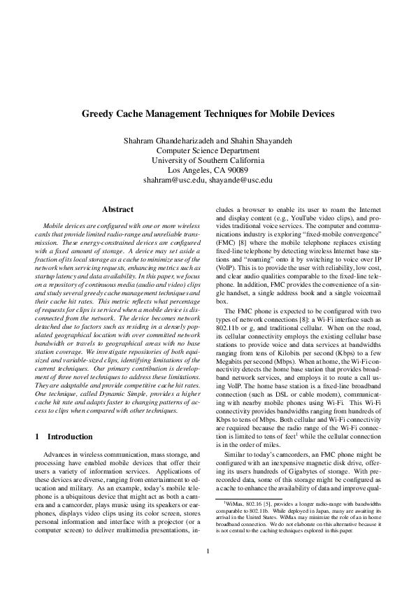 (PDF) Greedy Cache Management Techniques for Mobile Devices