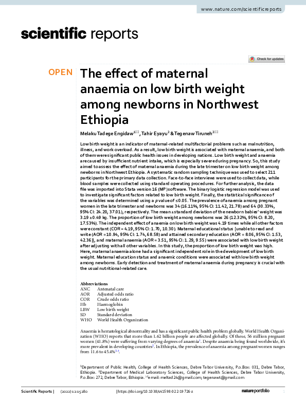 (PDF) The effect of maternal anaemia on low birth weight among newborns ...