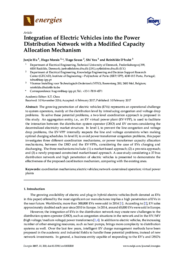 (PDF) Integration of Electric Vehicles into the Power Distribution ...