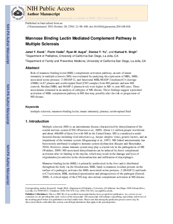 (PDF) Mannose binding lectin mediated complement pathway in multiple ...