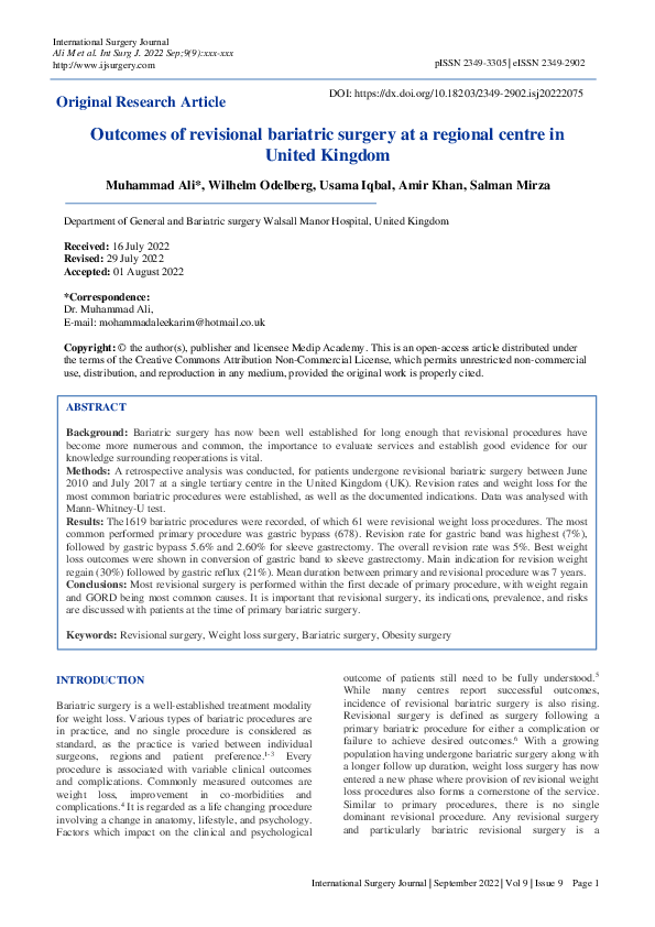(PDF) Outcomes of revisional bariatric surgery at a regional centre in ...