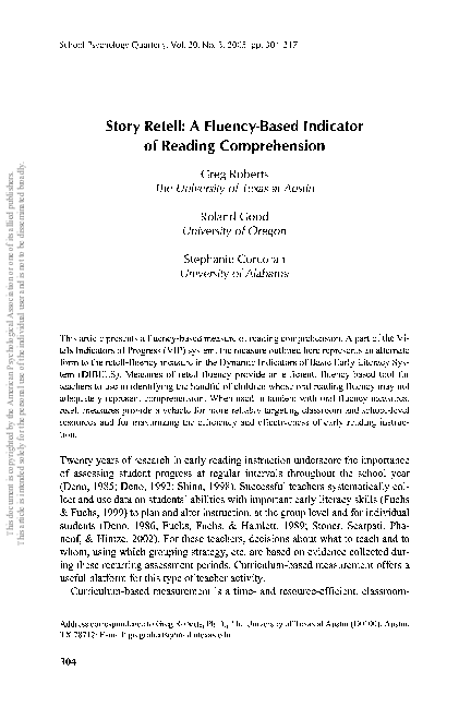 Pdf Story Retell A Fluency Based Indicator Of Reading Comprehension