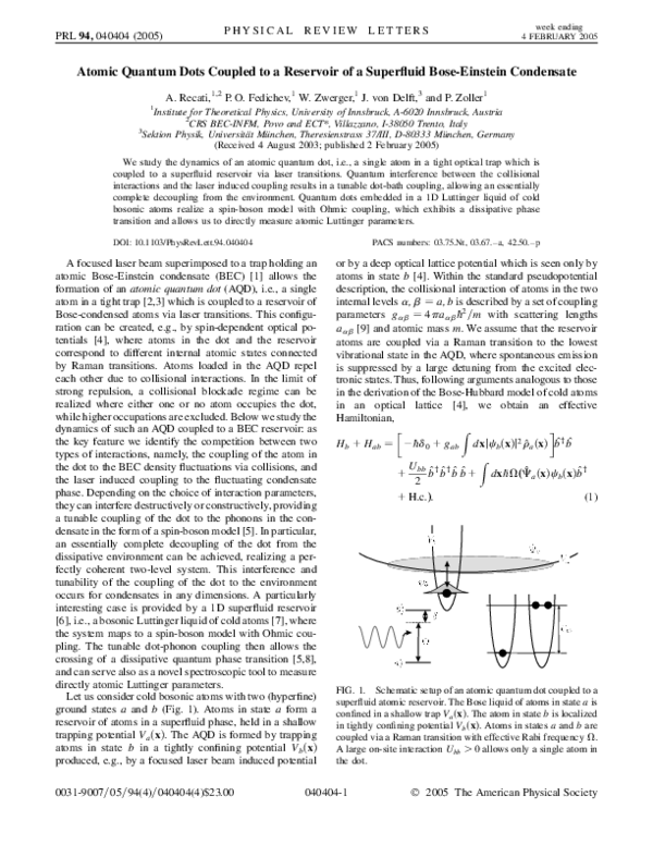 (PDF) Atomic Quantum Dots Coupled to a Reservoir of a Superfluid Bose ...