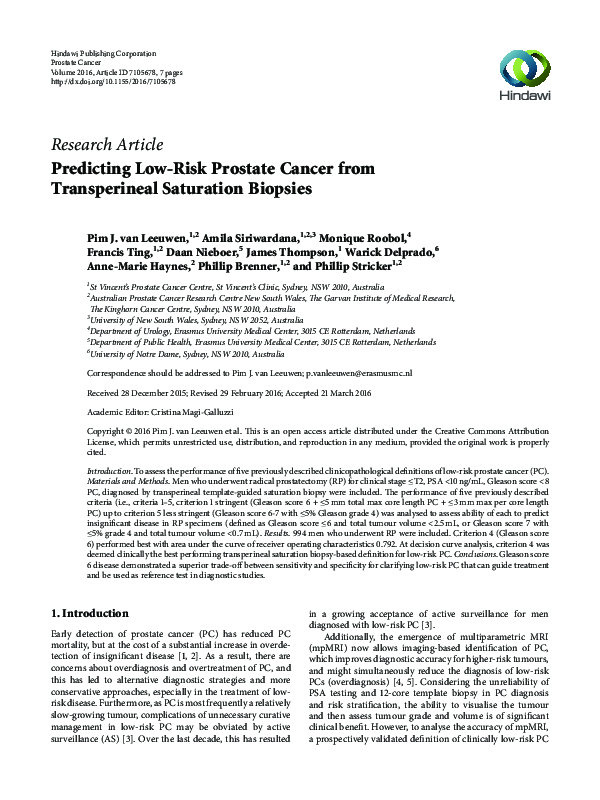 (PDF) Predicting Low-Risk Prostate Cancer from Transperineal Saturation ...