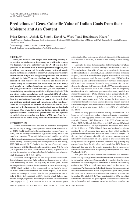(PDF) Predictions of Gross Calorific Value of Indian Coals from their