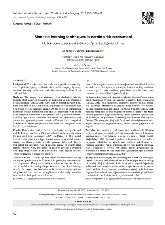 (PDF) Machine learning techniques in cardiac risk assessment