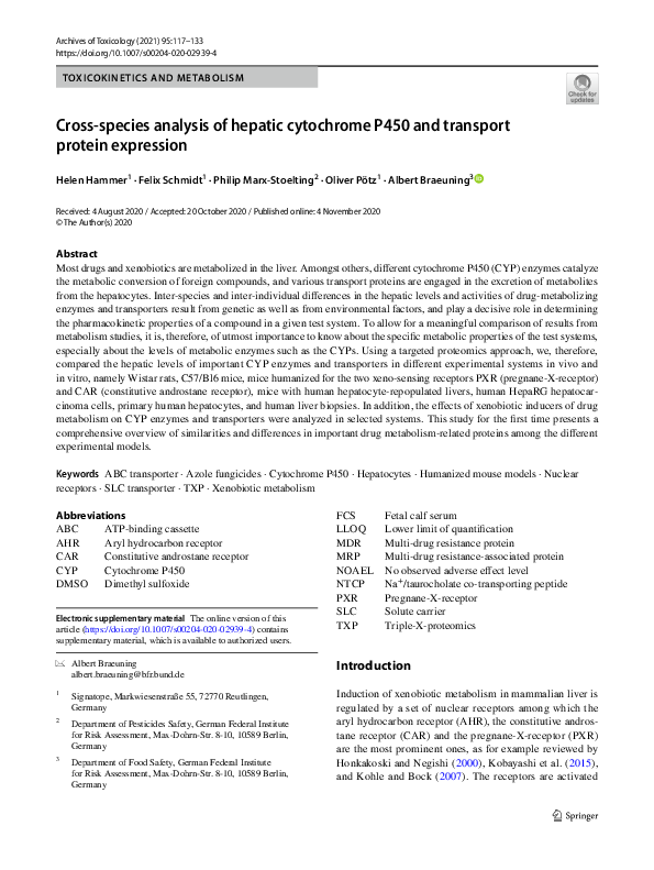 (PDF) Cross-species analysis of hepatic cytochrome P450 and transport ...