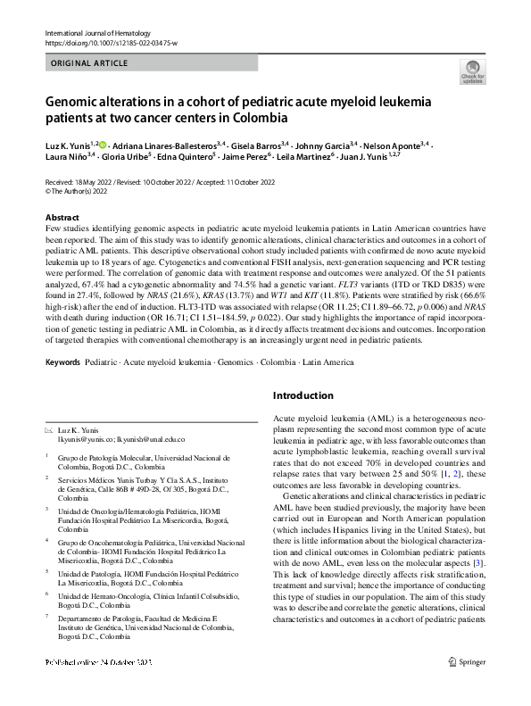(PDF) Genomic alterations in a cohort of pediatric acute myeloid ...