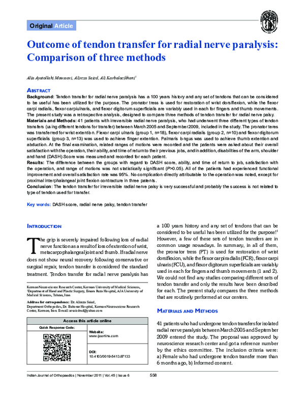 (PDF) Outcome of tendon transfer for radial nerve paralysis: Comparison ...