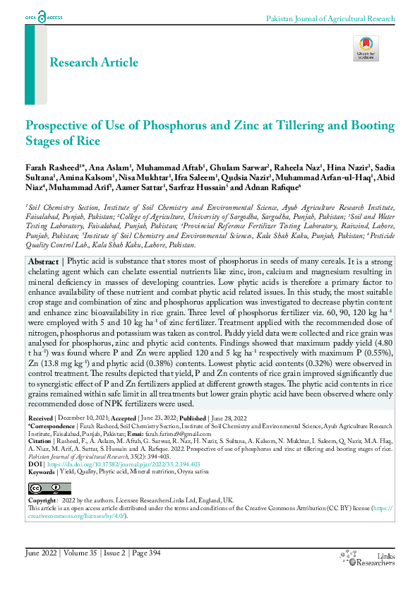 (PDF) Prospective of Use of Phosphorus and Zinc at Tillering and ...