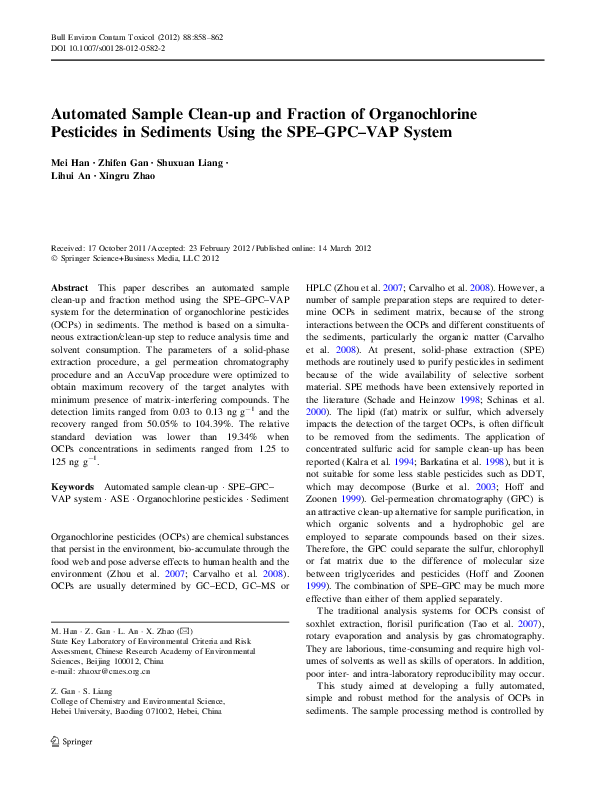 (PDF) Automated Sample Clean-up and Fraction of Organochlorine ...