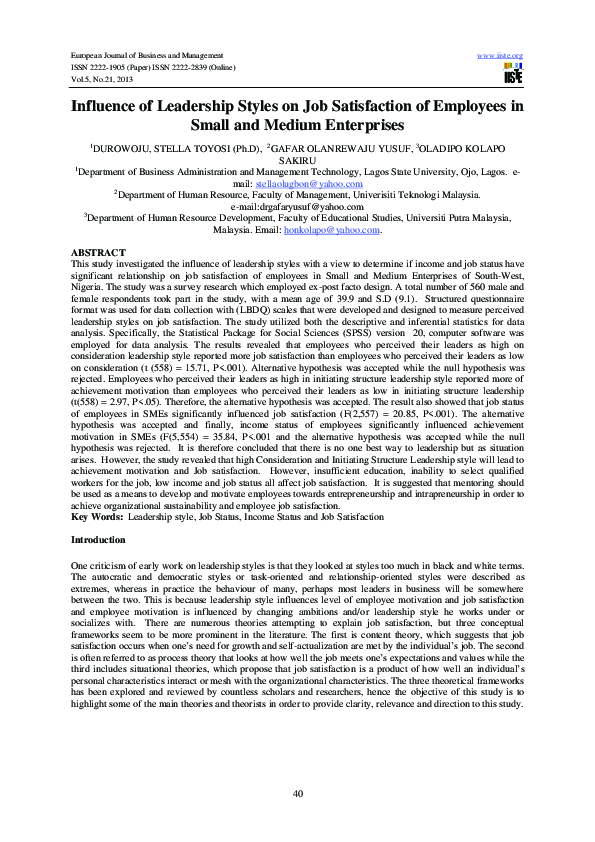 (PDF) Influence of Leadership Styles on Job Satisfaction of Employees ...
