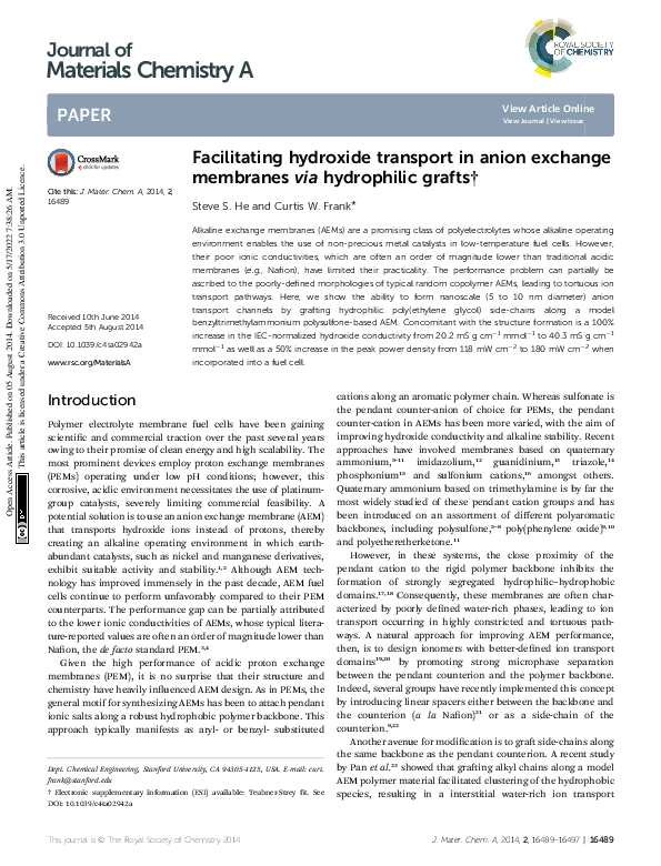 (PDF) Facilitating hydroxide transport in anion exchange membranes via ...