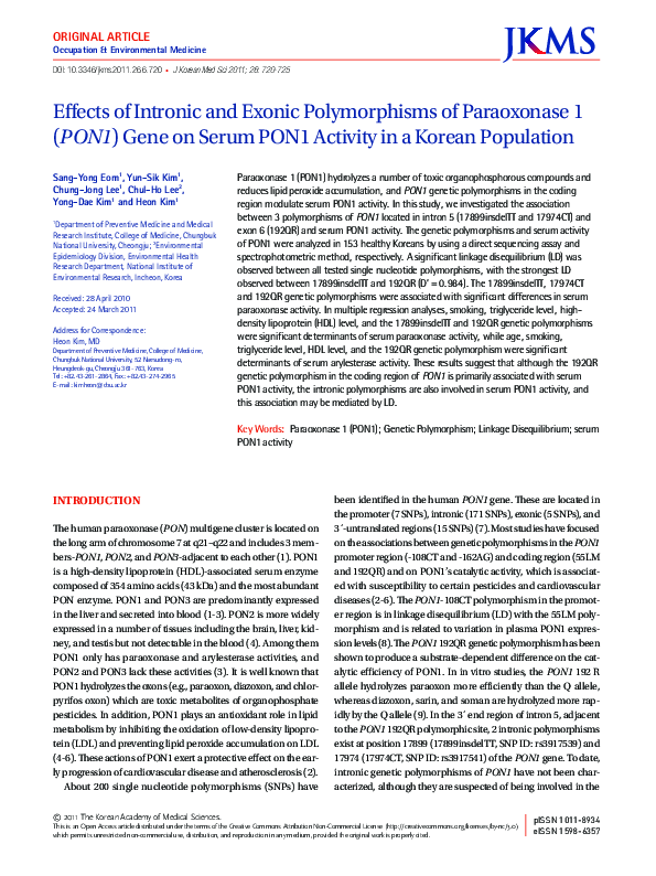 (PDF) Effects of intronic and exonic polymorphisms of paraoxonase 1 ...