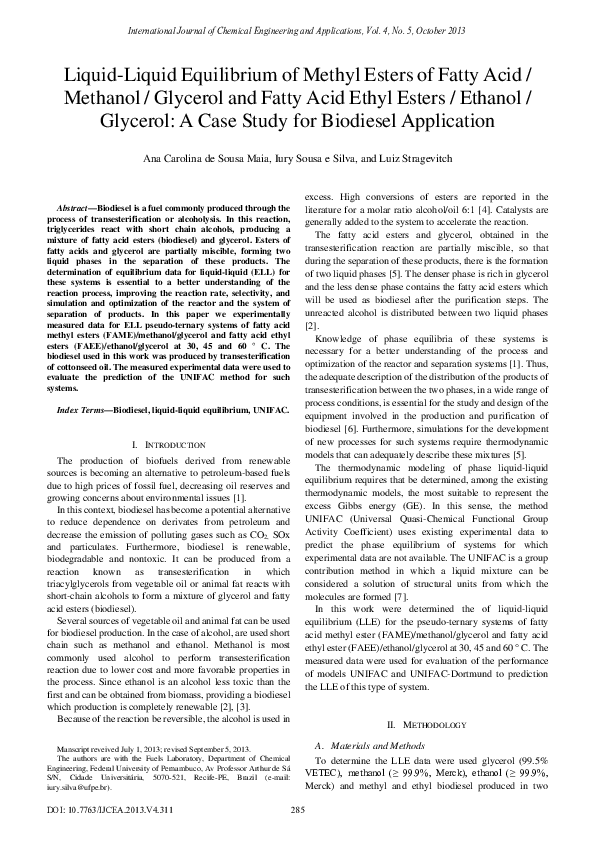 (PDF) LiquidLiquid Equilibrium of Methyl Esters of Fatty Acid