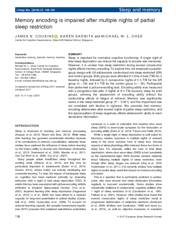 (PDF) Memory encoding is impaired after multiple nights of partial ...