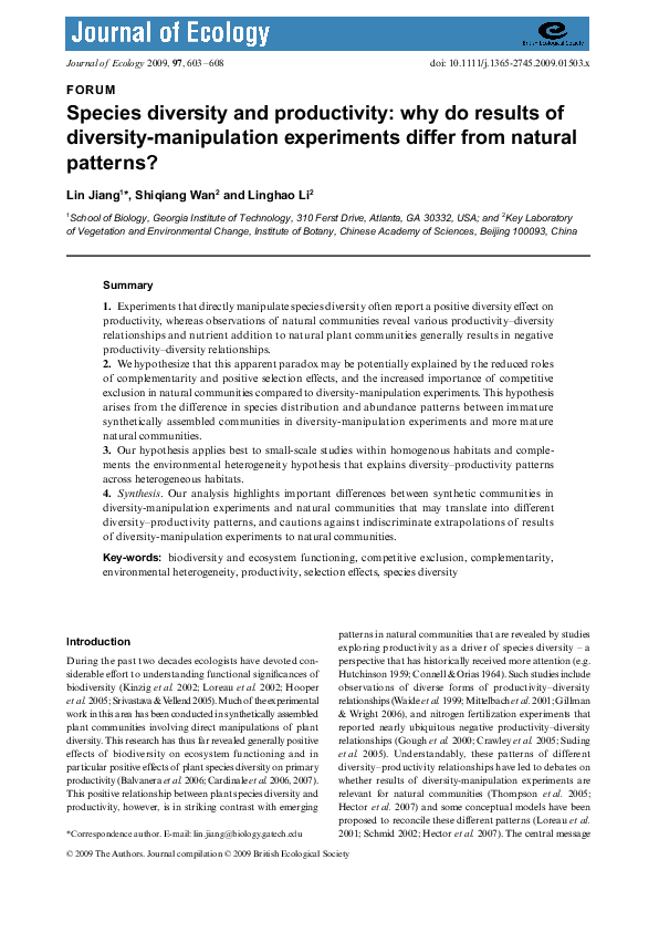 (PDF) Species diversity and productivity: why do results of diversity ...