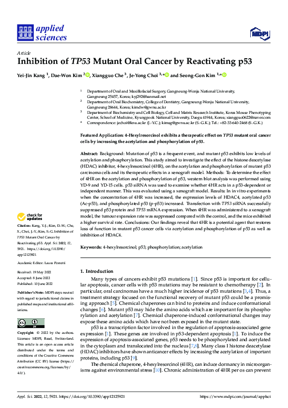 (PDF) Inhibition of TP53 Mutant Oral Cancer by Reactivating p53