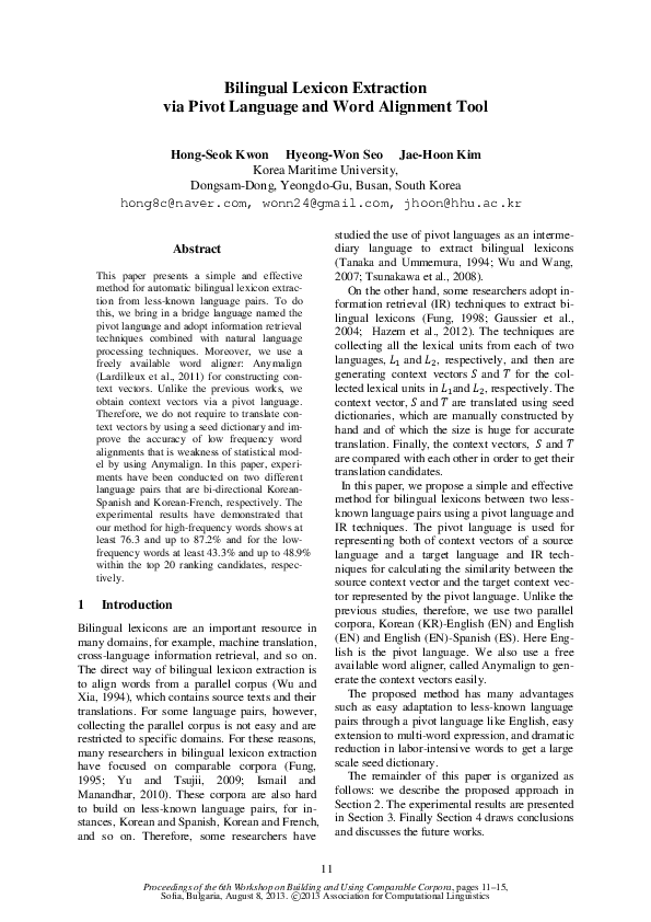 (PDF) Bilingual Lexicon Extraction via Pivot Language and Word ...