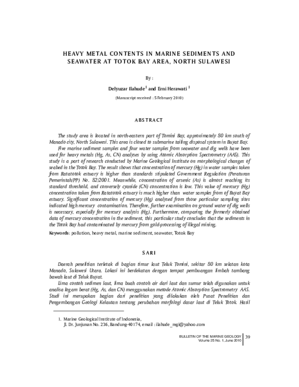 (PDF) Heavy Metal Contents in Marine Sediments and Seawater at Totok ...