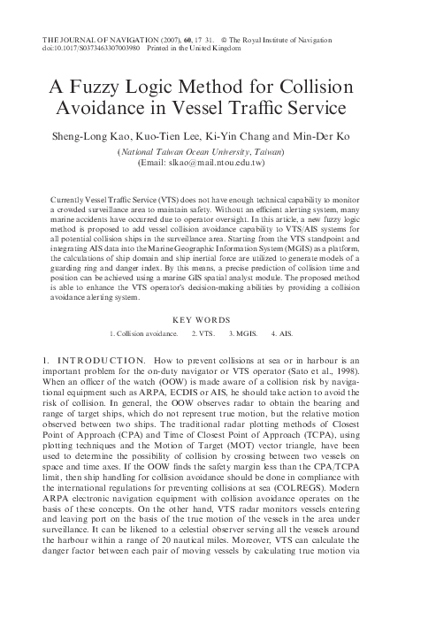 (PDF) A Fuzzy Logic Method for Collision Avoidance in Vessel Traffic ...