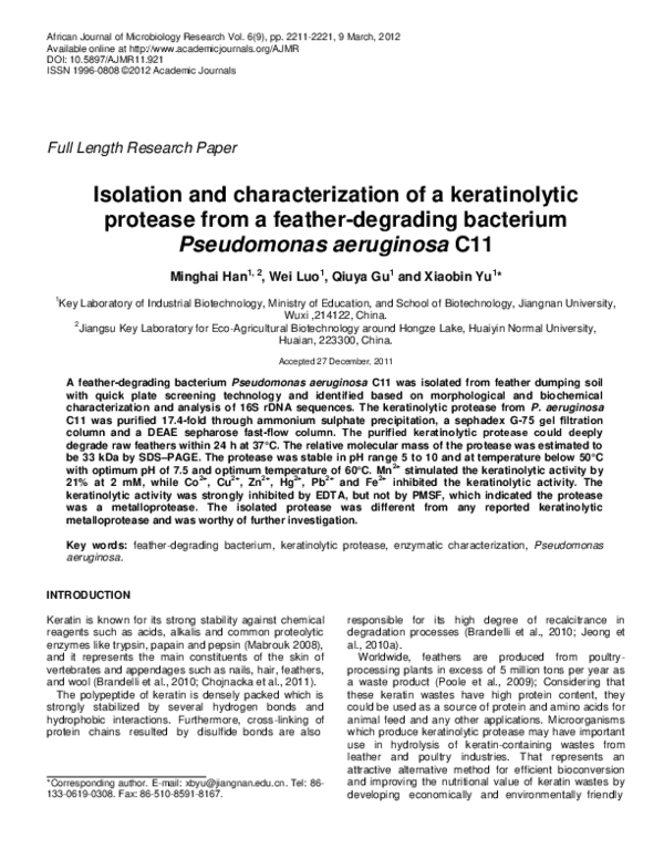 (PDF) Isolation and characterization of a keratinolytic protease from a ...