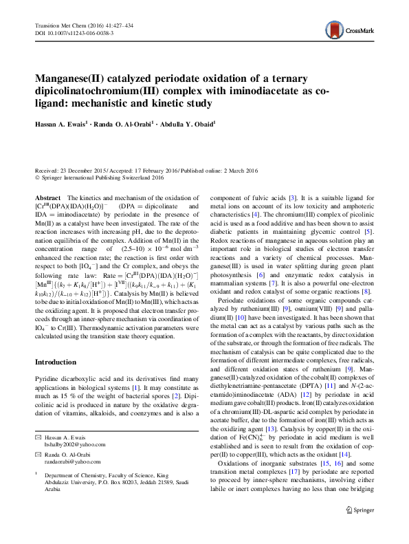 Manganese(II) catalyzed periodate oxidation of p-toluidine: a kinetic and mechanistic study