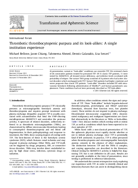 (PDF) Thrombotic thrombocytopenic purpura and its look-alikes: A single ...