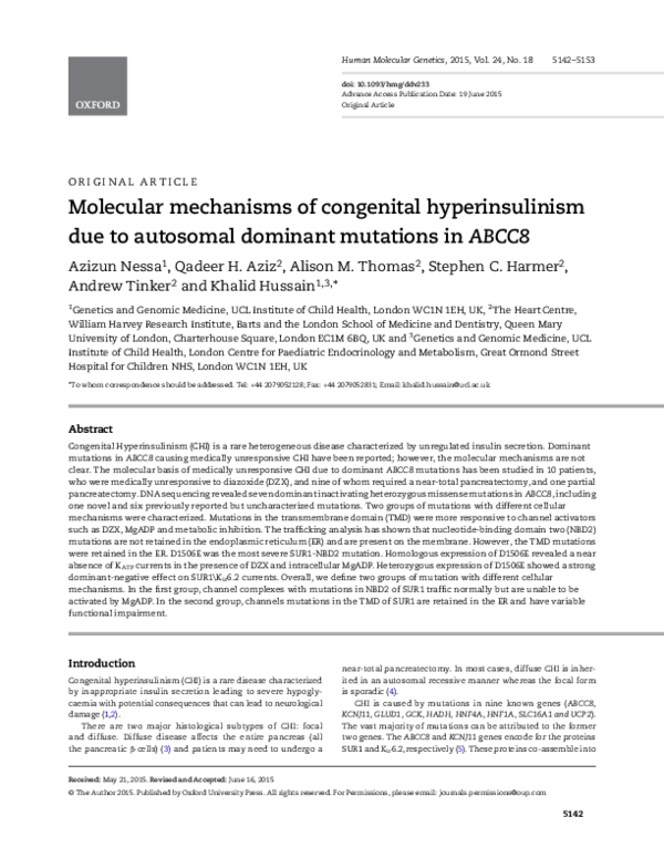 (PDF) Molecular Mechanisms of Congenital Hyperinsulinism due to ...