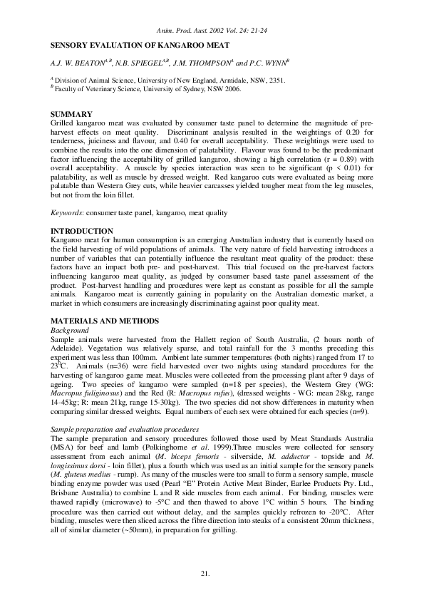 (PDF) Sensory Evaluation of Kangaroo Meat Peter Wynn Academia.edu