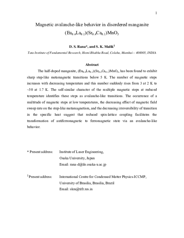 (PDF) Magnetic avalanchelike behavior in the disordered manganite (Eu0 ...
