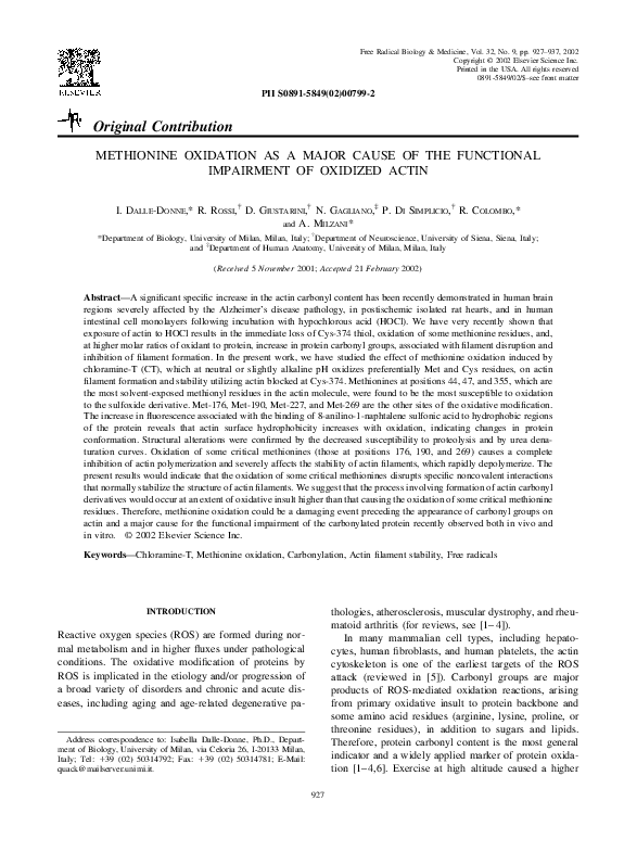 (PDF) Methionine oxidation as a major cause of the functional ...