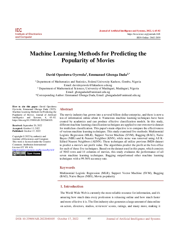 (PDF) Machine Learning Methods for Predicting the Popularity of Movies