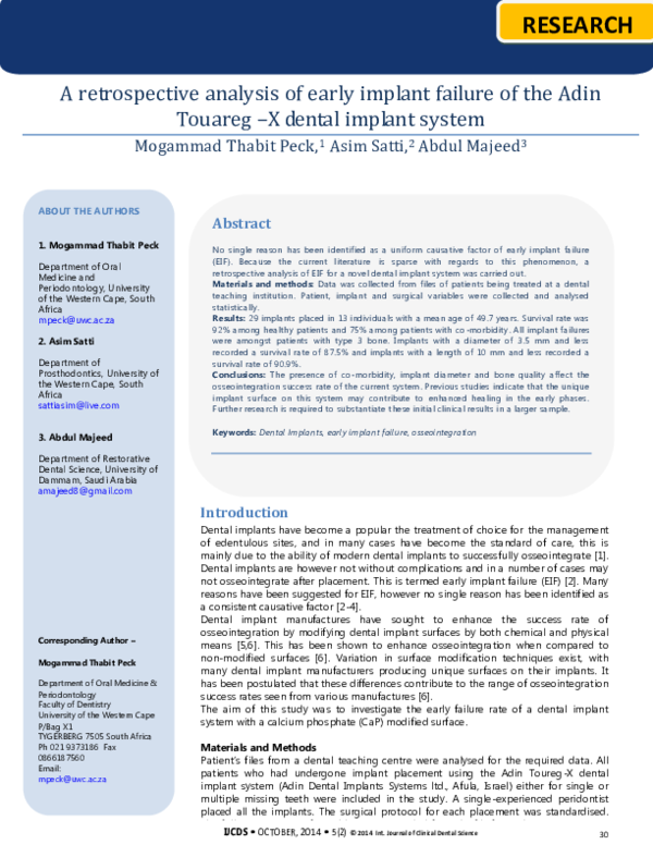 (PDF) A retrospective analysis of early implant failure of the Adin ...