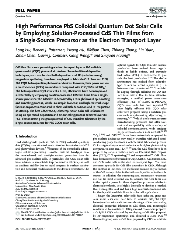 (PDF) High Performance PbS Colloidal Quantum Dot Solar Cells by ...