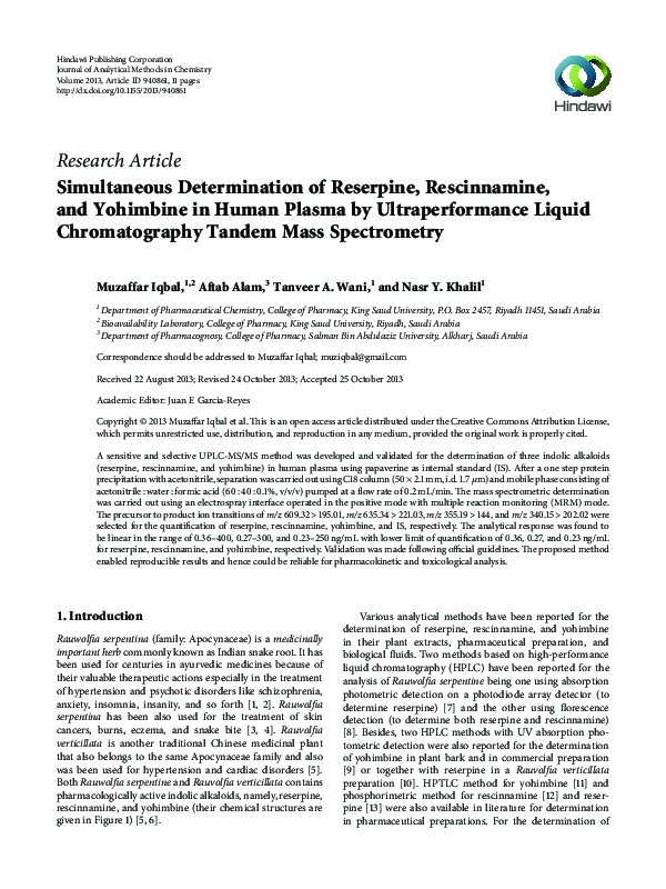 (PDF) Simultaneous determination of reserpine, rescinnamine, and ...
