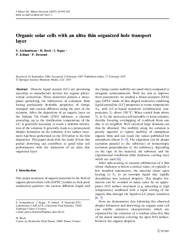 (PDF) Organic solar cells with an ultra thin organized hole transport layer