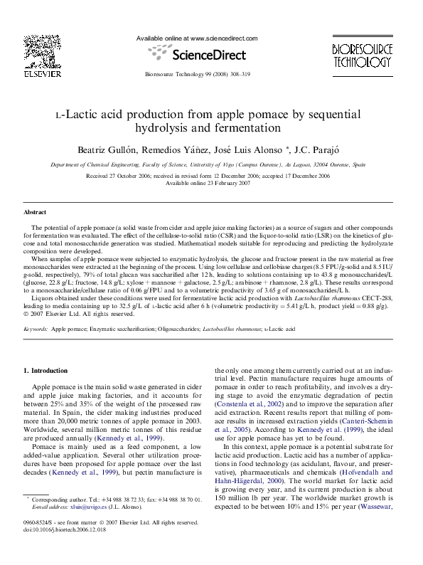 (PDF) l-Lactic acid production from apple pomace by sequential ...