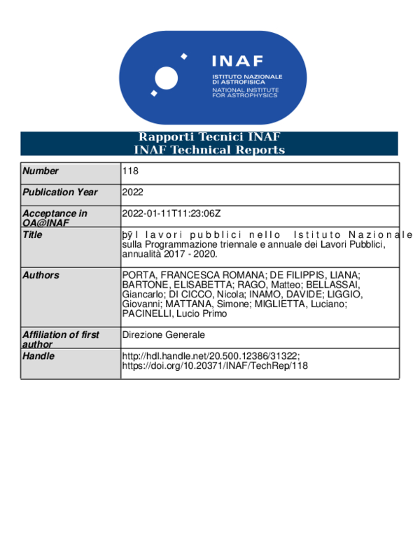 I lavori pubblici nello "Istituto Nazionale di Astrofisica". Rapporto sulla Programmazione triennale e annuale dei Lavori Pubblici, annualità 2017 - 2020