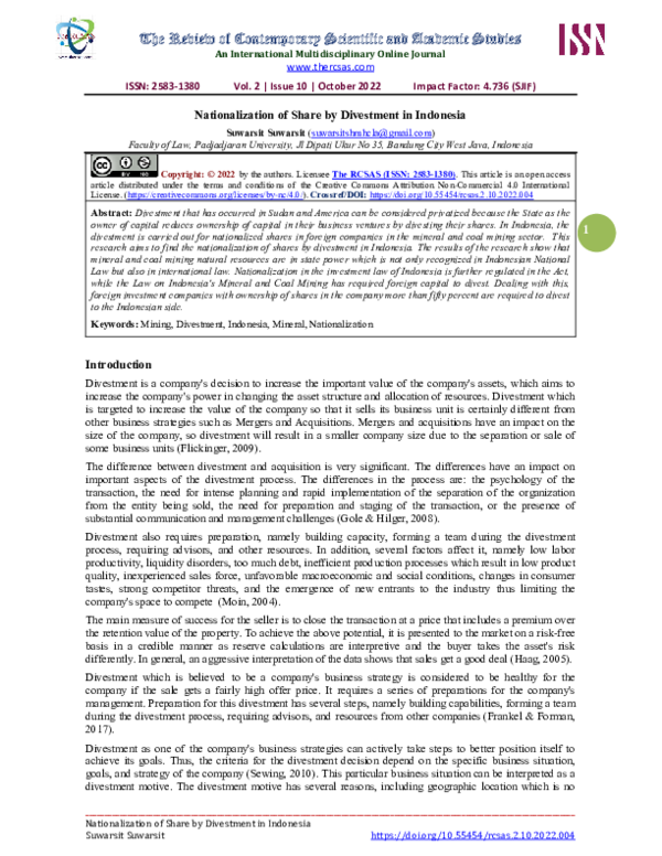 (PDF) Nationalization of Share by Divestment in Indonesia