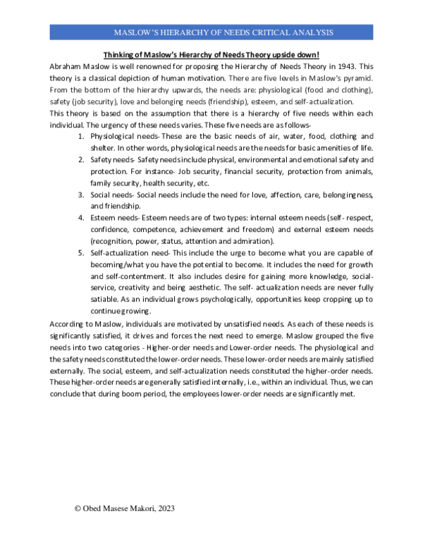 (PDF) Maslow’s hierarchy of needs critical analysis