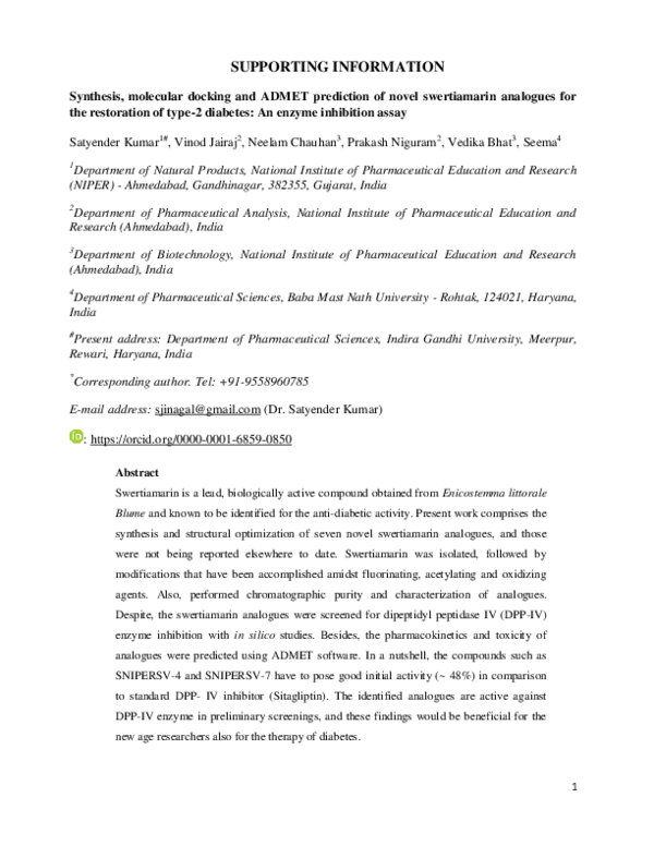 (PDF) Synthesis, molecular docking and ADMET prediction of novel ...