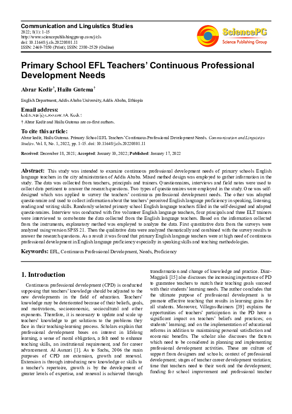 (PDF) Primary School EFL Teachers’ Continuous Professional Development ...