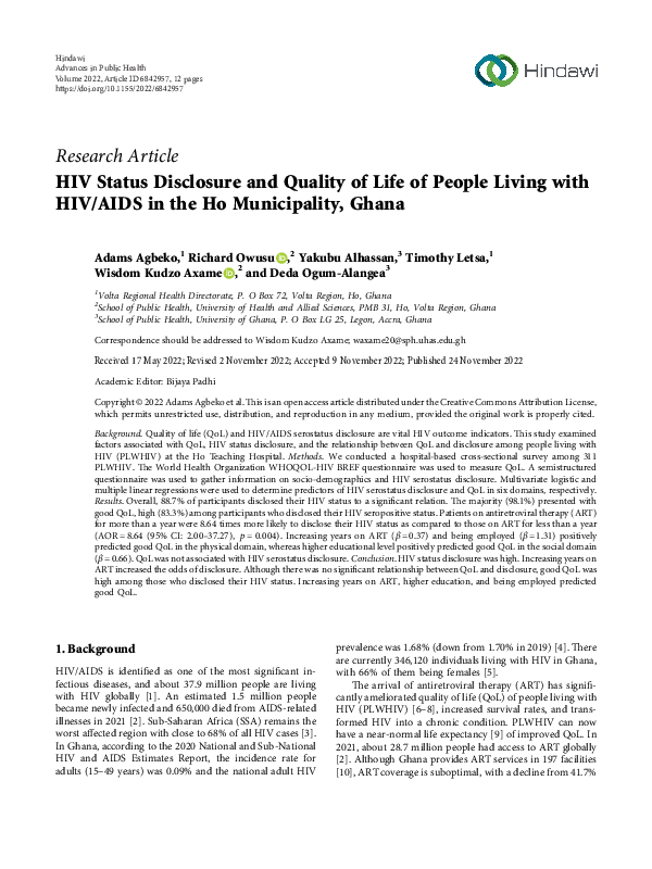 (PDF) HIV Status Disclosure and Quality of Life of People Living with ...