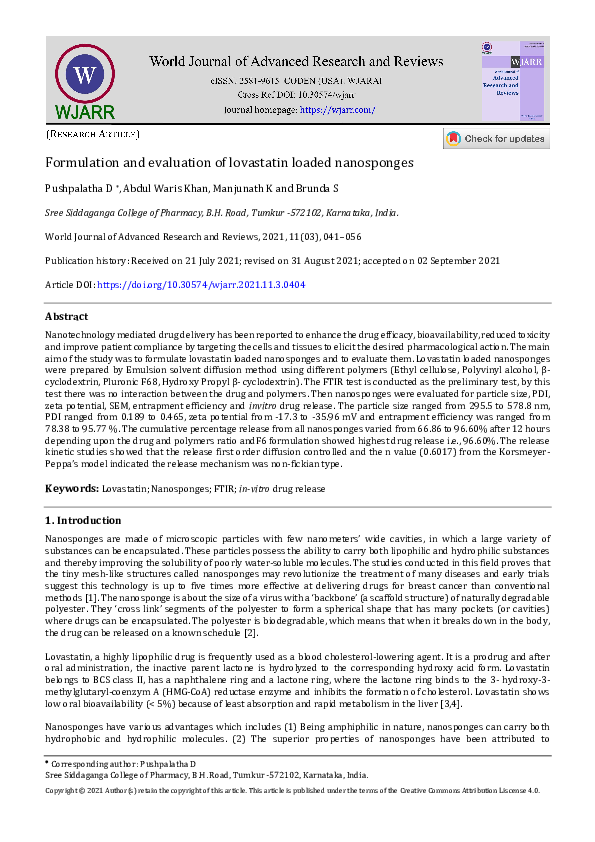 (PDF) Formulation and evaluation of lovastatin loaded nanosponges