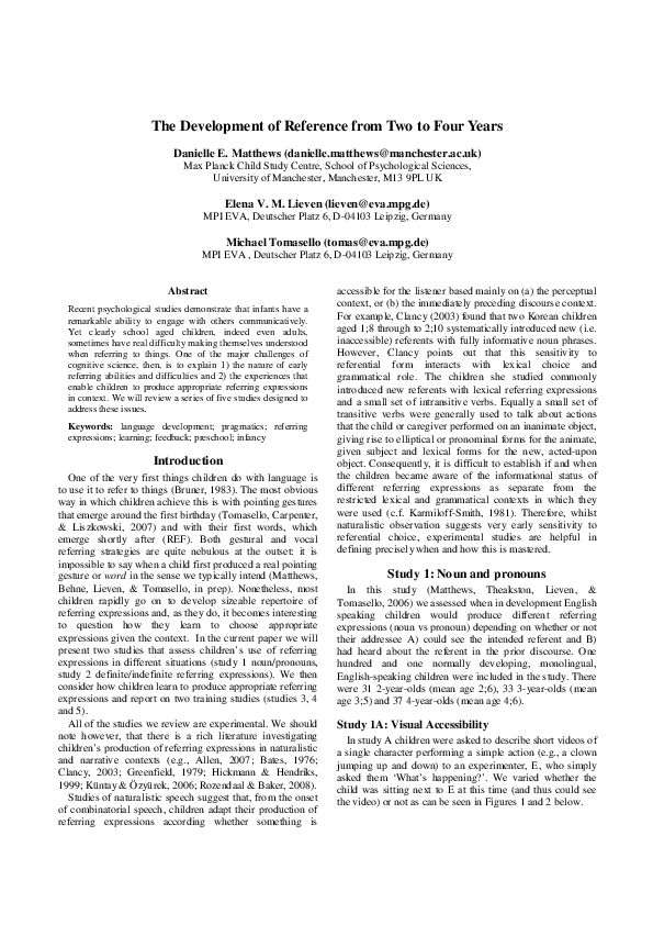 (PDF) The Development of Reference from Two to Four Years