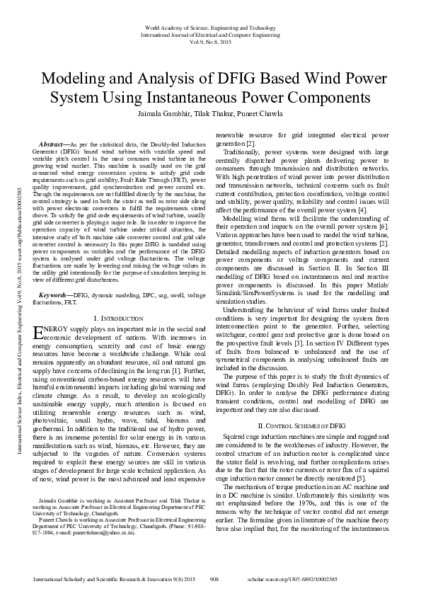 (PDF) Modeling And Analysis Of Dfig Based Wind Power System Using ...