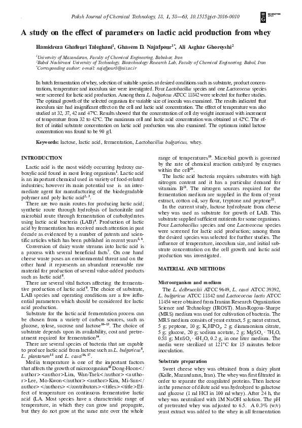 (PDF) A study on the effect of parameters on lactic acid production ...