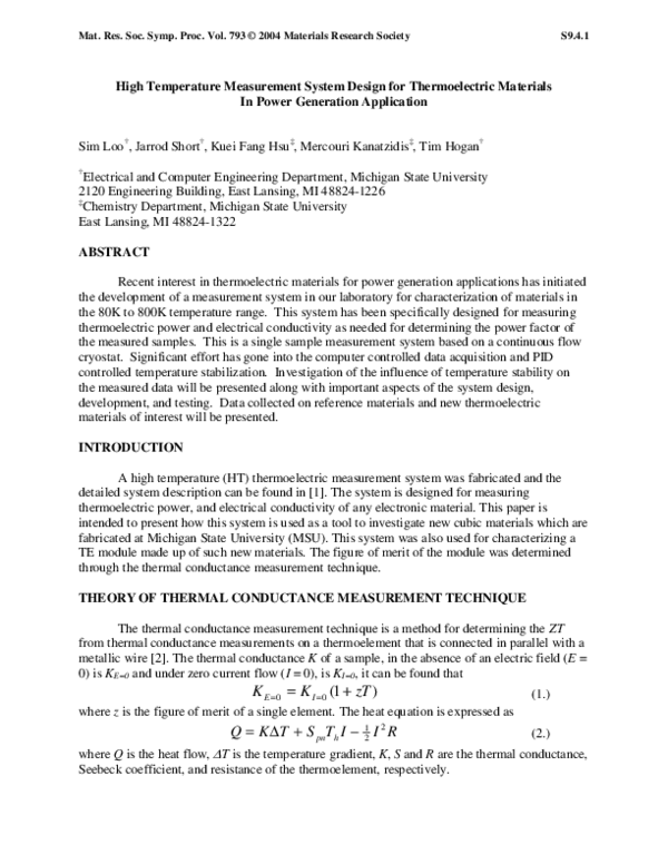 (PDF) High Temperature Measurement System Design for Thermoelectric ...
